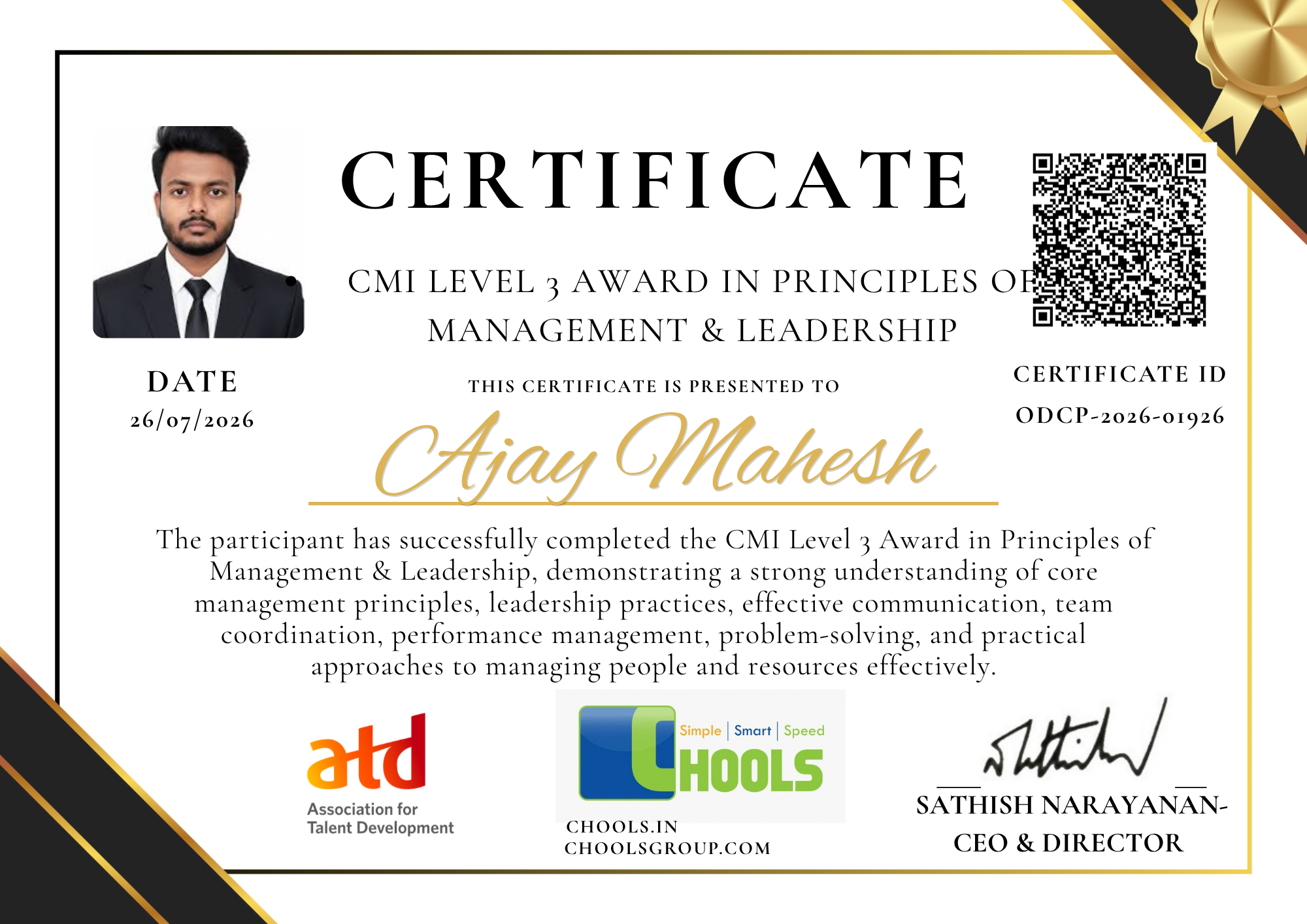 CMI Level 3 Award in Principles of Management & Leadership Program Certificate
